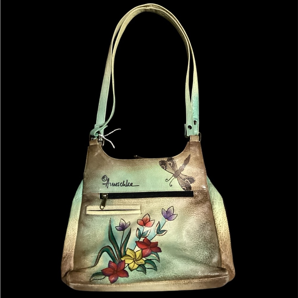 ANUSCHKA handbag, hand painted leather, flowers,butterfly,dragonfly, shoulder